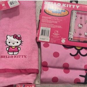 Hello Kitty pink polka dot butterflies shower curtain and hand towel set